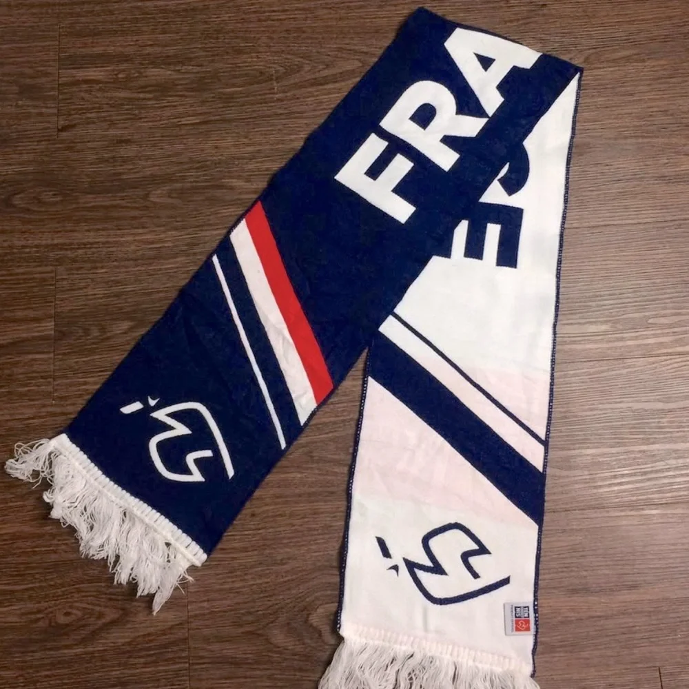 France Themed Gender Neutral Blue, Red, and White Scarf wi/White Fringe 58” X 8”